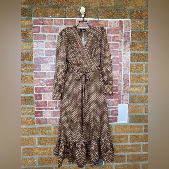 ROSEDRESS VINTAGE FLORAL PRINTED LONG SLEEVE RUFFLE WRAP MIDI DRESS - COFFEE L - Picture 6 of 17